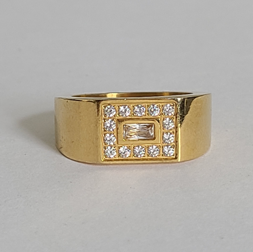 Vintage Retro Bold Chunky Gold Plated Stainless Steel Rhinestone Bold Men's Ring